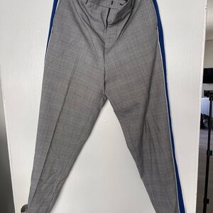 Gray Plaid Pants with Blue Stripe